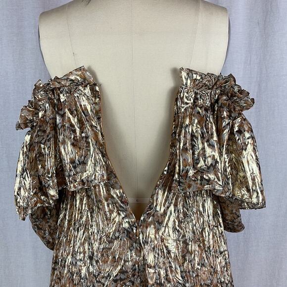 LoveShackFancy Tara Gold Ruffle Off Shoulder Maxi Dress - Picture 10 of 14